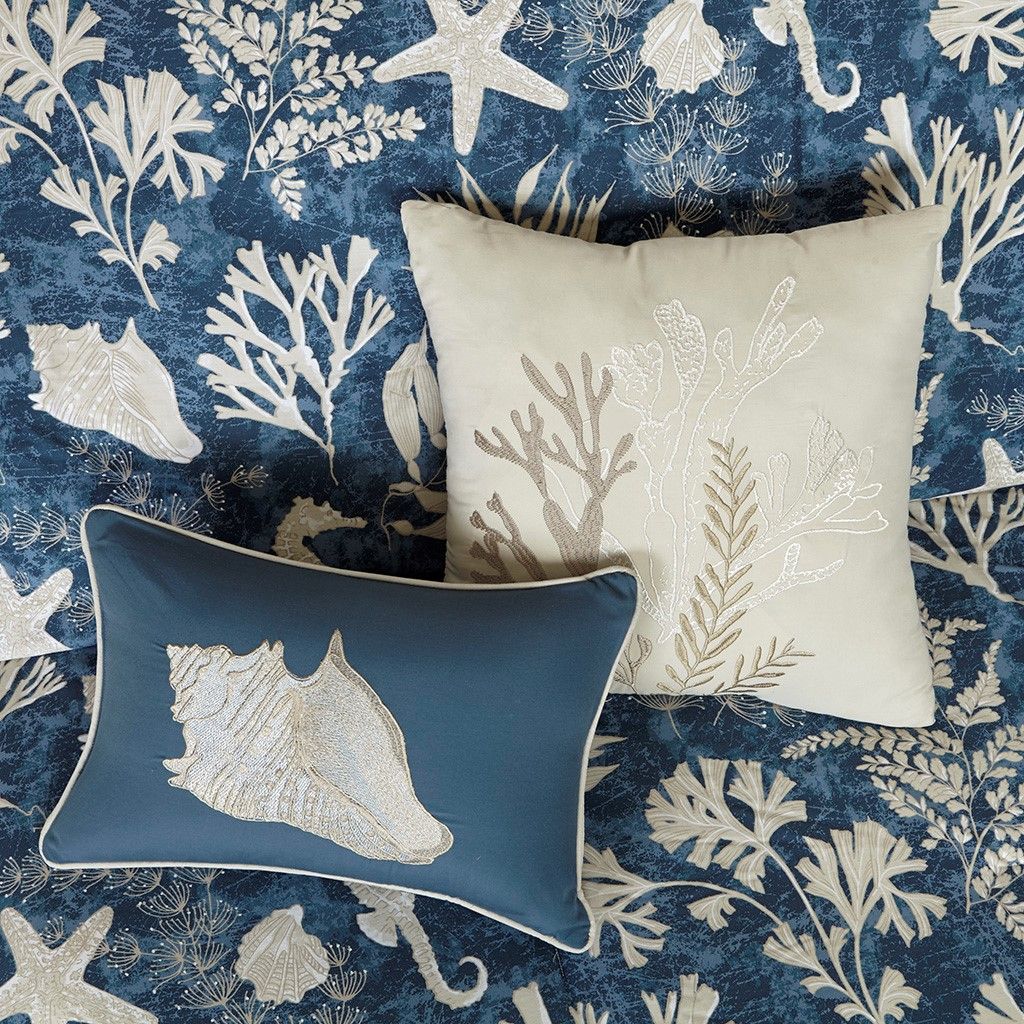 Elegant and Luxurious Blue Underwater Floral and Sea Stars - 7 Piece Cotton Sateen Comforter Set