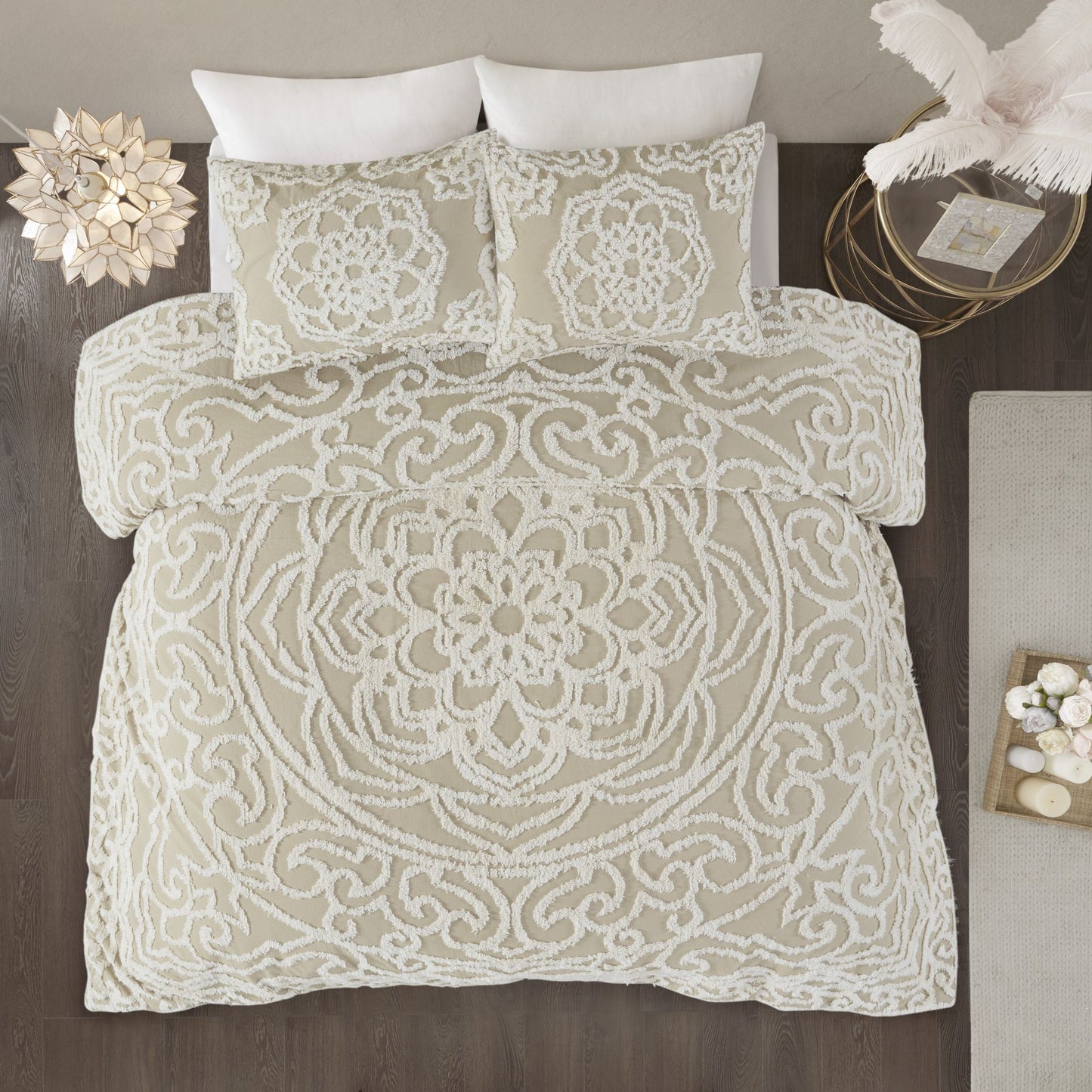 Luxurious Cream Tufted Cotton Chenille Medallion Comforter Set