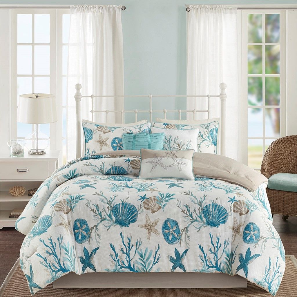 Sea Green Underwater Floral World Design - 7-Piece Cotton Sateen Comforter Set