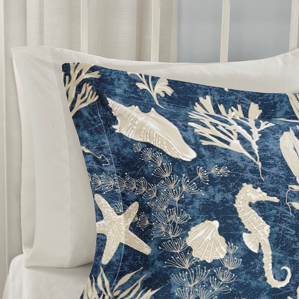 Elegant and Luxurious Blue Underwater Floral and Sea Stars - 7 Piece Cotton Sateen Comforter Set