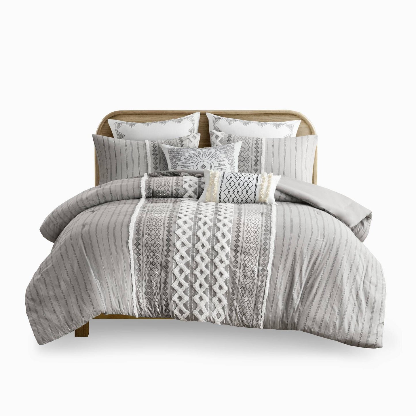 Elegant Light Grey Cotton Printed Comforter Duvet Set with Chenille Accents