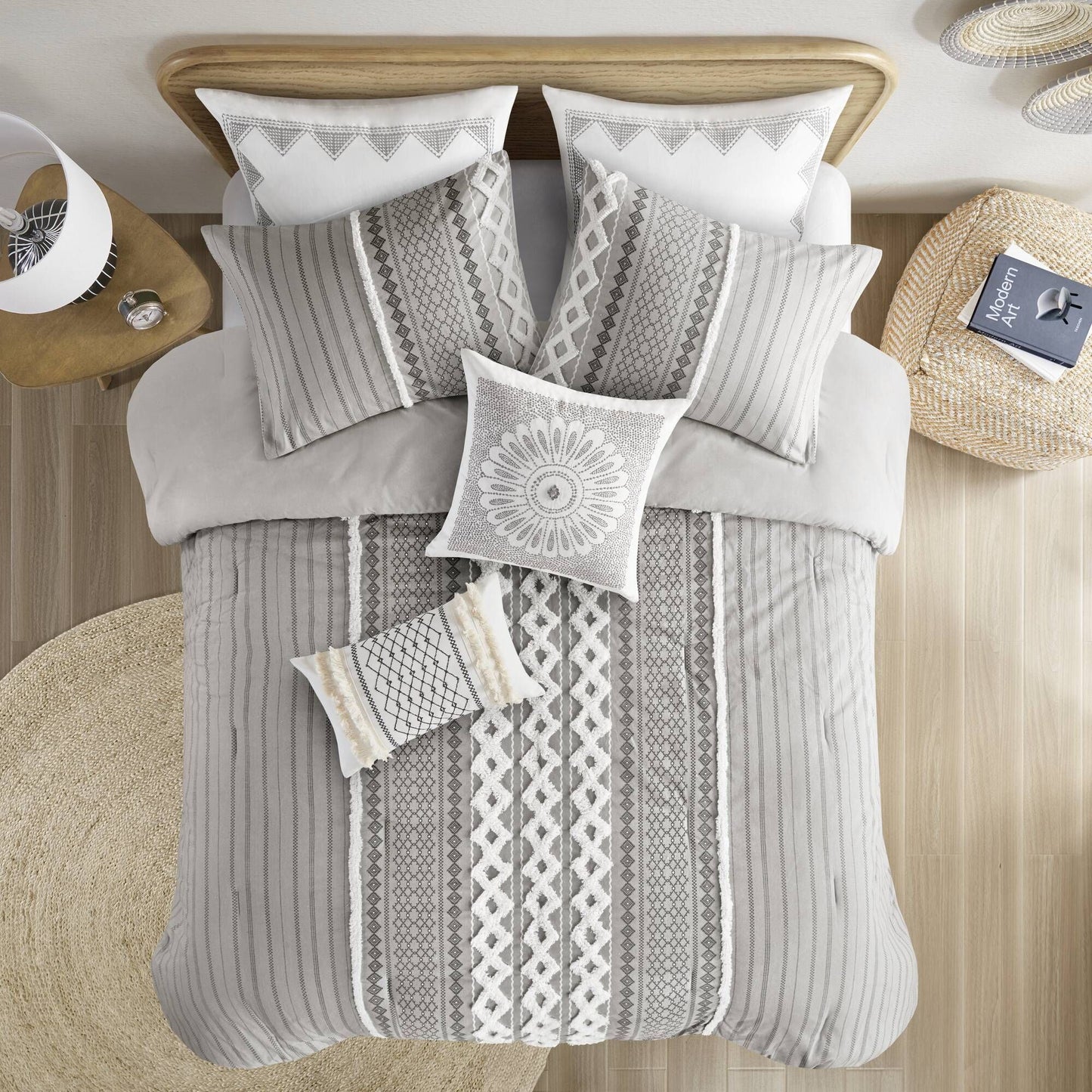 Elegant Light Grey Cotton Printed Comforter Duvet Set with Chenille Accents