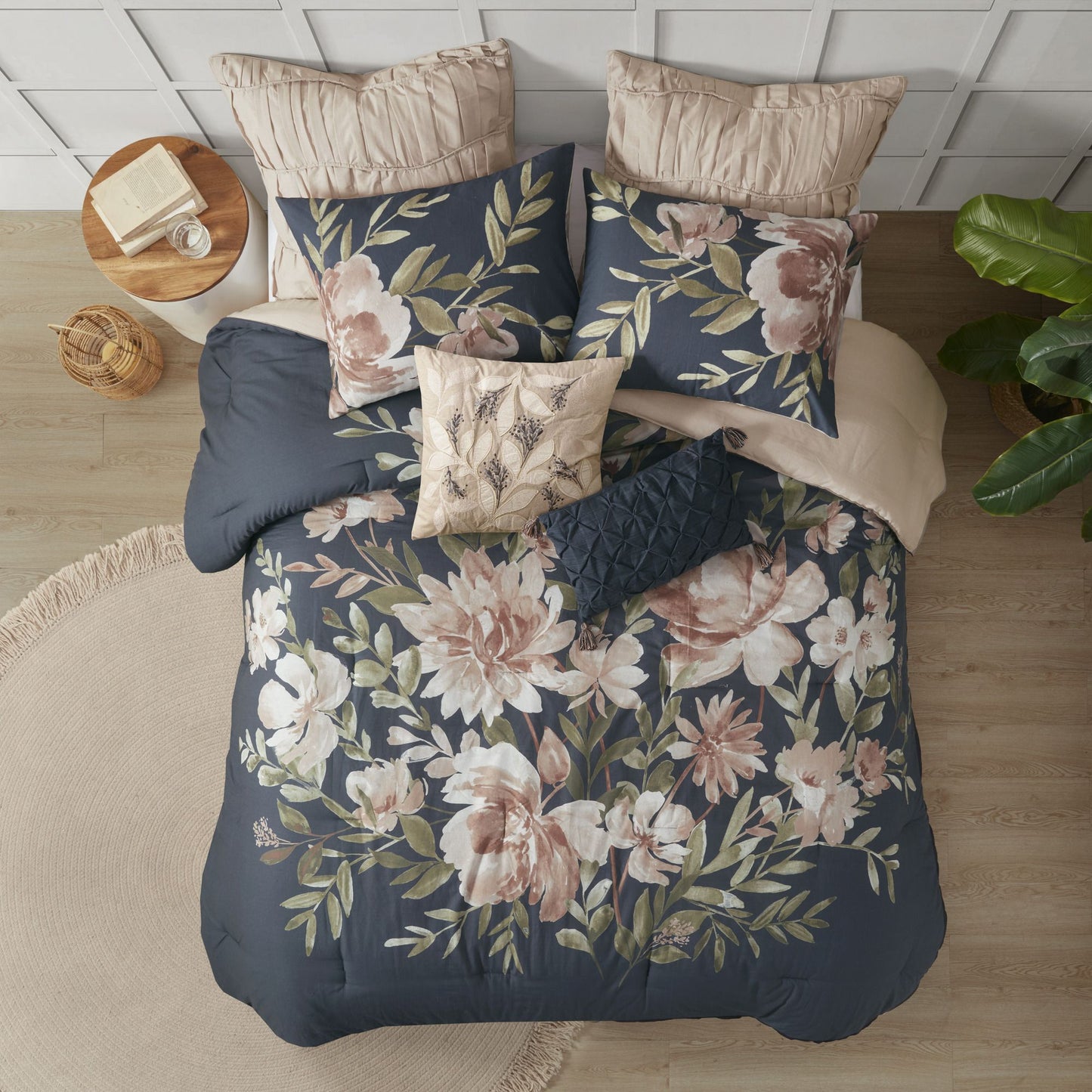 Rich Bold Blue and Floral Duvet with Beige Accents - 8 Piece Cotton Comforter Set