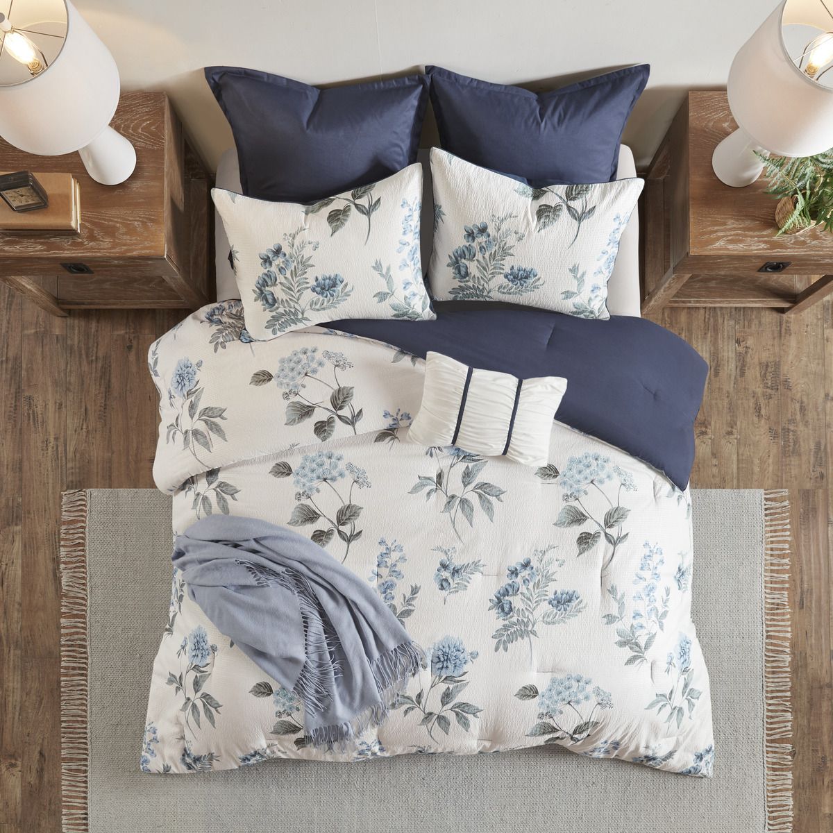 Gorgeous Floral on Cream – 7-Piece Printed Seersucker Comforter/Duvet Set with Throw Blanket