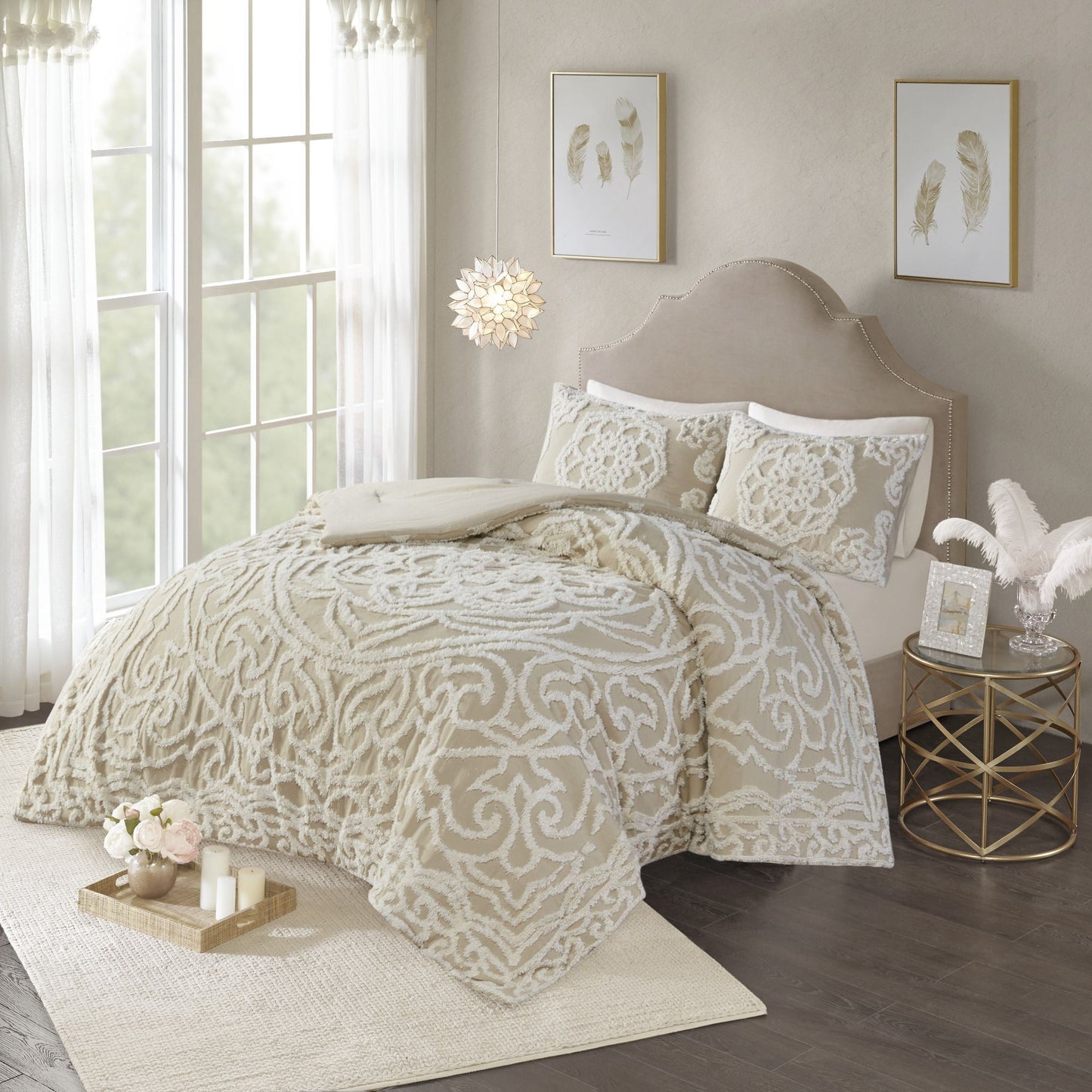 Luxurious Cream Tufted Cotton Chenille Medallion Comforter Set