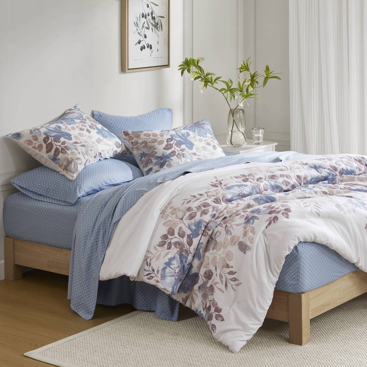 Dusky Blues and Purple on Cream Floral Comforter / Duvet Set with Bed Sheets - Elegant Cream Bedding