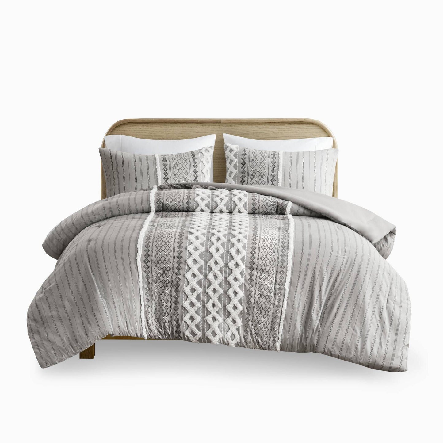 Elegant Light Grey Cotton Printed Comforter Duvet Set with Chenille Accents