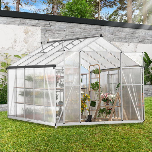 Aluminum Walk-In Garden Greenhouse with 5-Level Adjustable Vents, Gutter, and Door - Large Sun Room for Garden Backyard - 8' x 10' Polycarbonate Outdoor Greenhouse, Aluminum