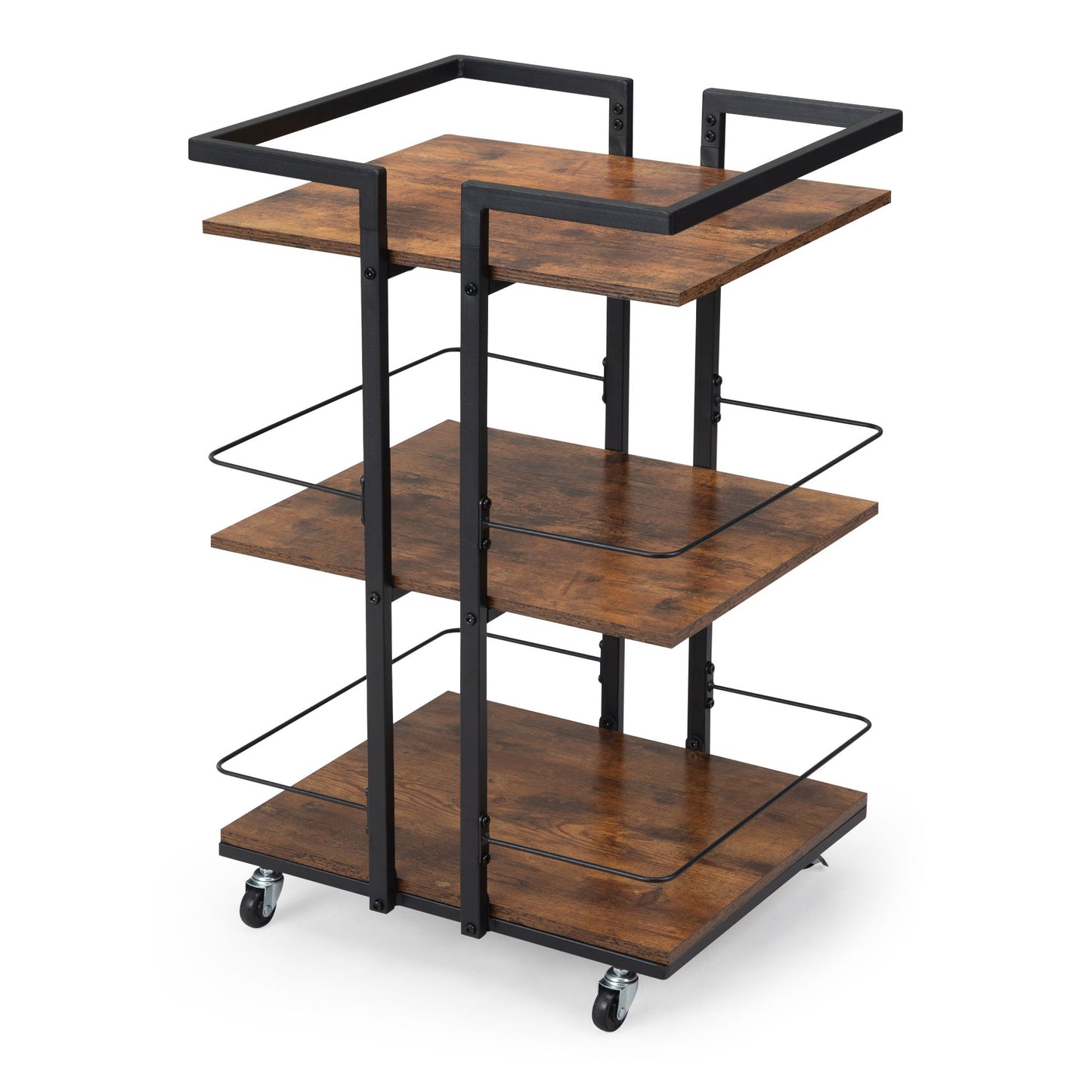 Multi-Tier Salon Cart with Universal Wheels & Iron Rail – Polished Wood Look Side Table and Storage Cart for Bedroom, Bathroom, or Salon