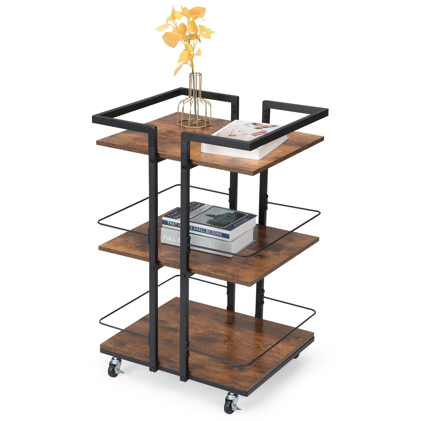 Multi-Tier Salon Cart with Universal Wheels & Iron Rail – Polished Wood Look Side Table and Storage Cart for Bedroom, Bathroom, or Salon