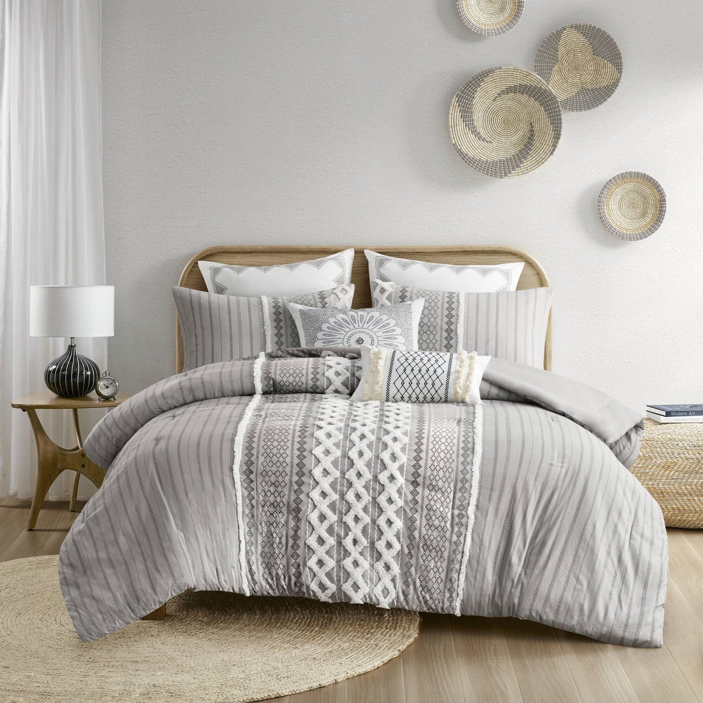 Elegant Light Grey Cotton Printed Comforter Duvet Set with Chenille Accents