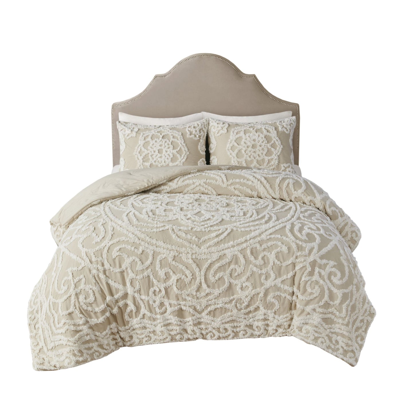 Luxurious Cream Tufted Cotton Chenille Medallion Comforter Set