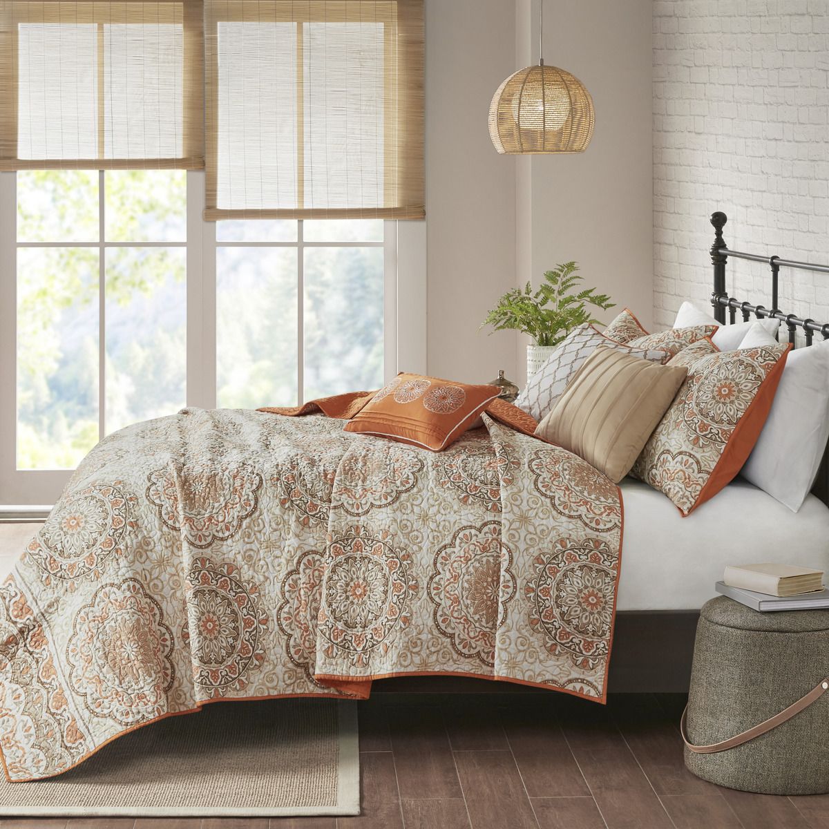 Moroccan Vibe, Cream, Browns, Orange and Gold Accents , 6-Piece Reversible Quilt Set with Throw Pillows -  Full/Queen Size