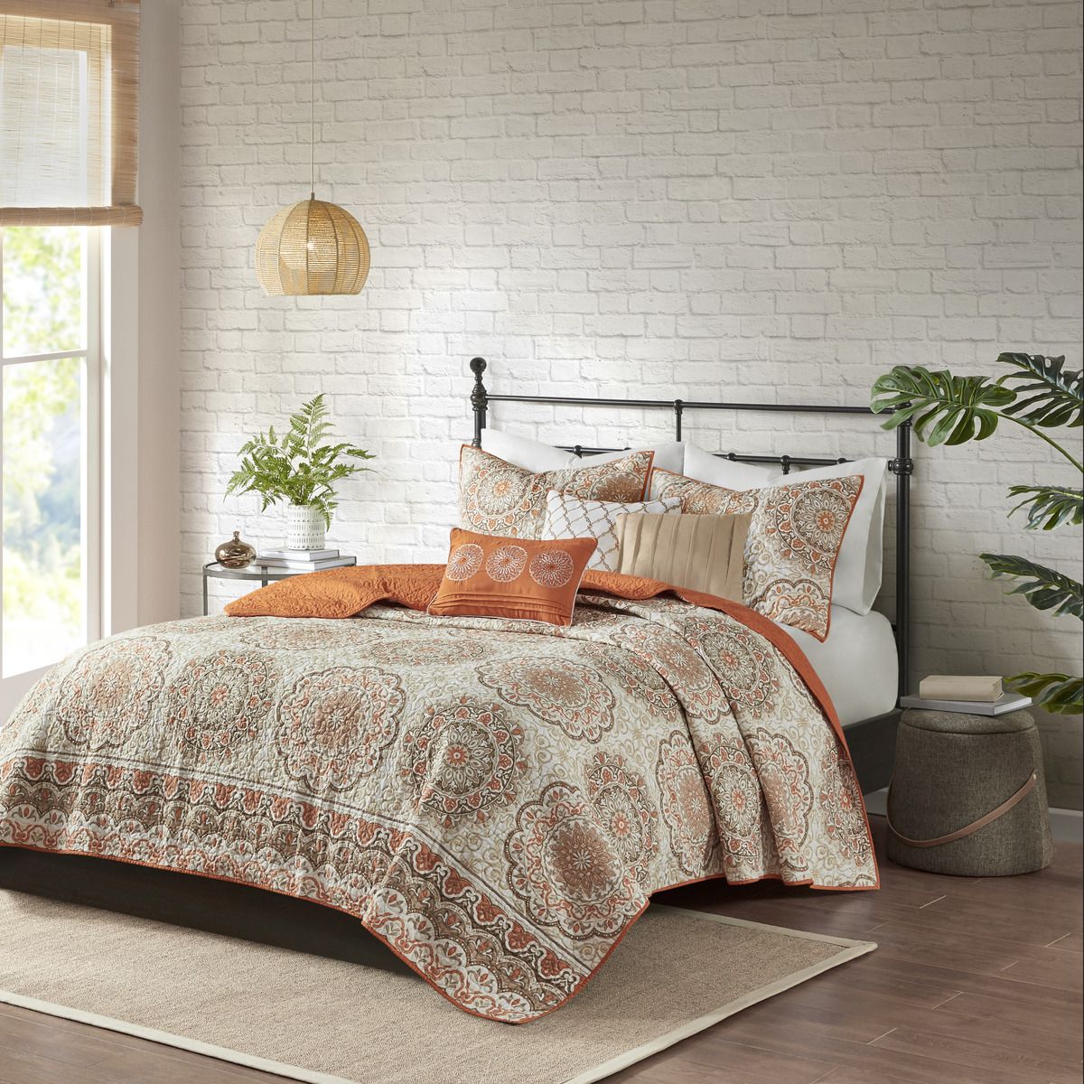 Moroccan Vibe, Cream, Browns, Orange and Gold Accents , 6-Piece Reversible Quilt Set with Throw Pillows -  Full/Queen Size