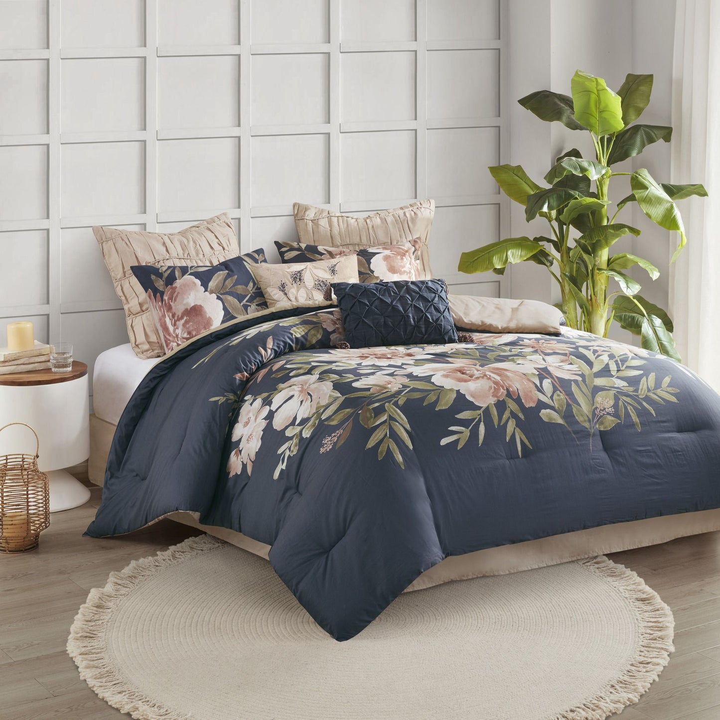 Rich Bold Blue and Floral Duvet with Beige Accents - 8 Piece Cotton Comforter Set