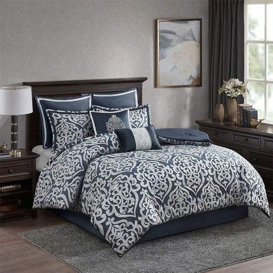 Luxurious Royal Blue 8-Piece Jacquard Comforter Set