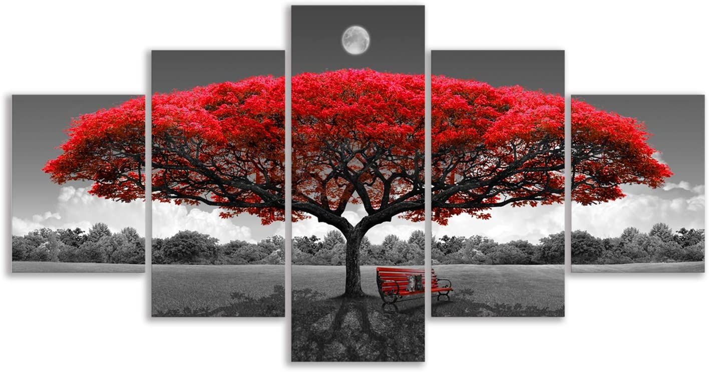 Elegant Red Tree and Moon Wall Decor – 5-Piece Framed Artwork