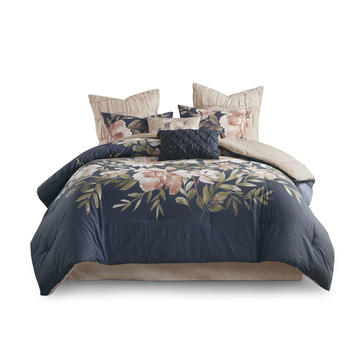 Rich Bold Blue and Floral Duvet with Beige Accents - 8 Piece Cotton Comforter Set