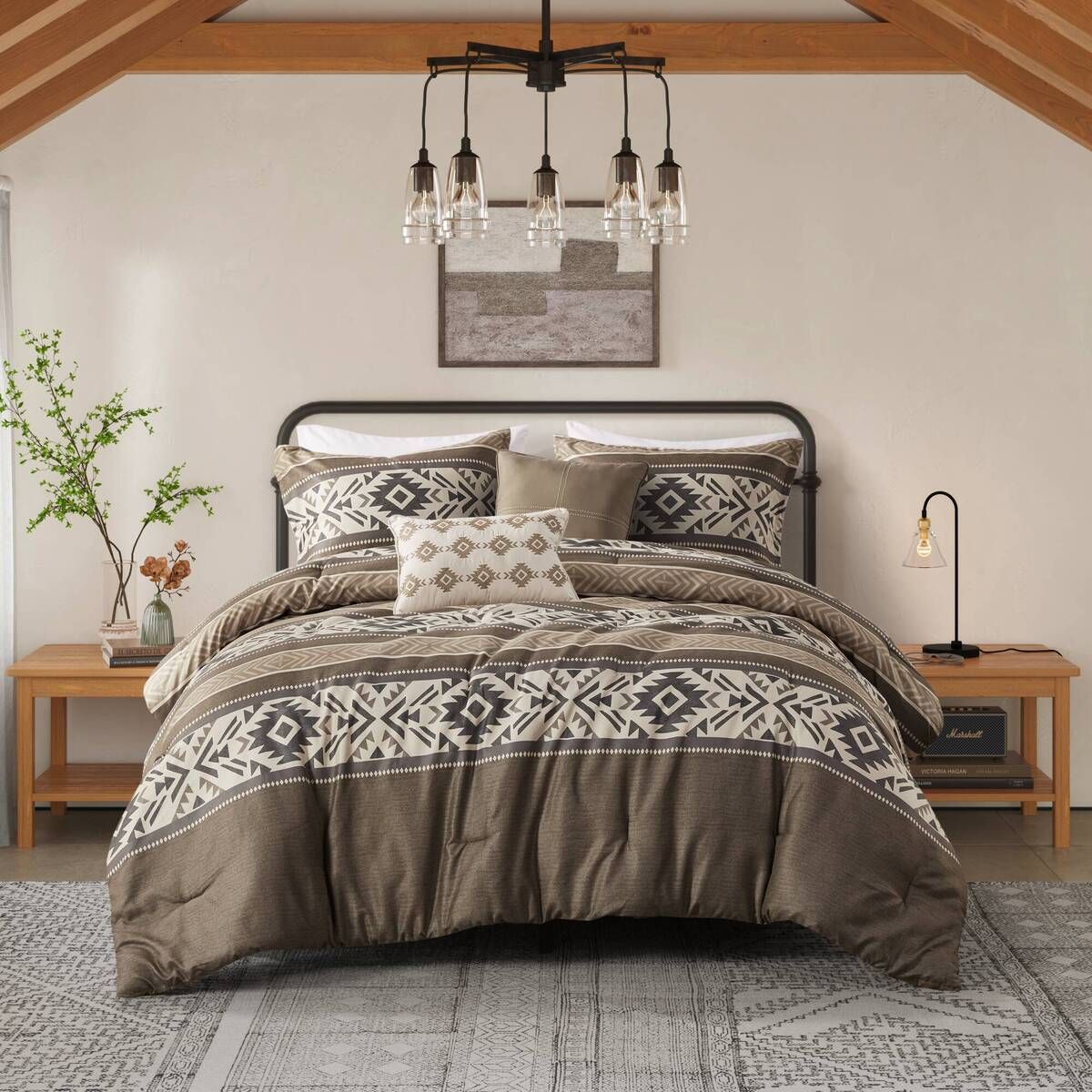 Ethnic-Inspired 5-Piece Stripe Herringbone Comforter Set with Throw Pillows – Natures Colours on Patterns Evoking Faraway Places