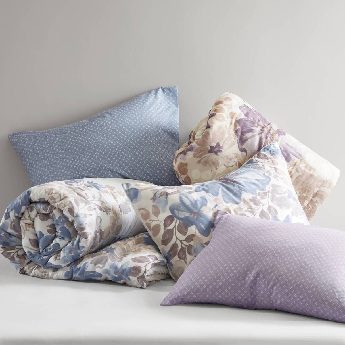 Dusky Blues and Purple on Cream Floral Comforter / Duvet Set with Bed Sheets - Elegant Cream Bedding