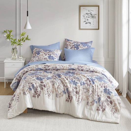 Dusky Blues and Purple on Cream Floral Comforter / Duvet Set with Bed Sheets - Elegant Cream Bedding