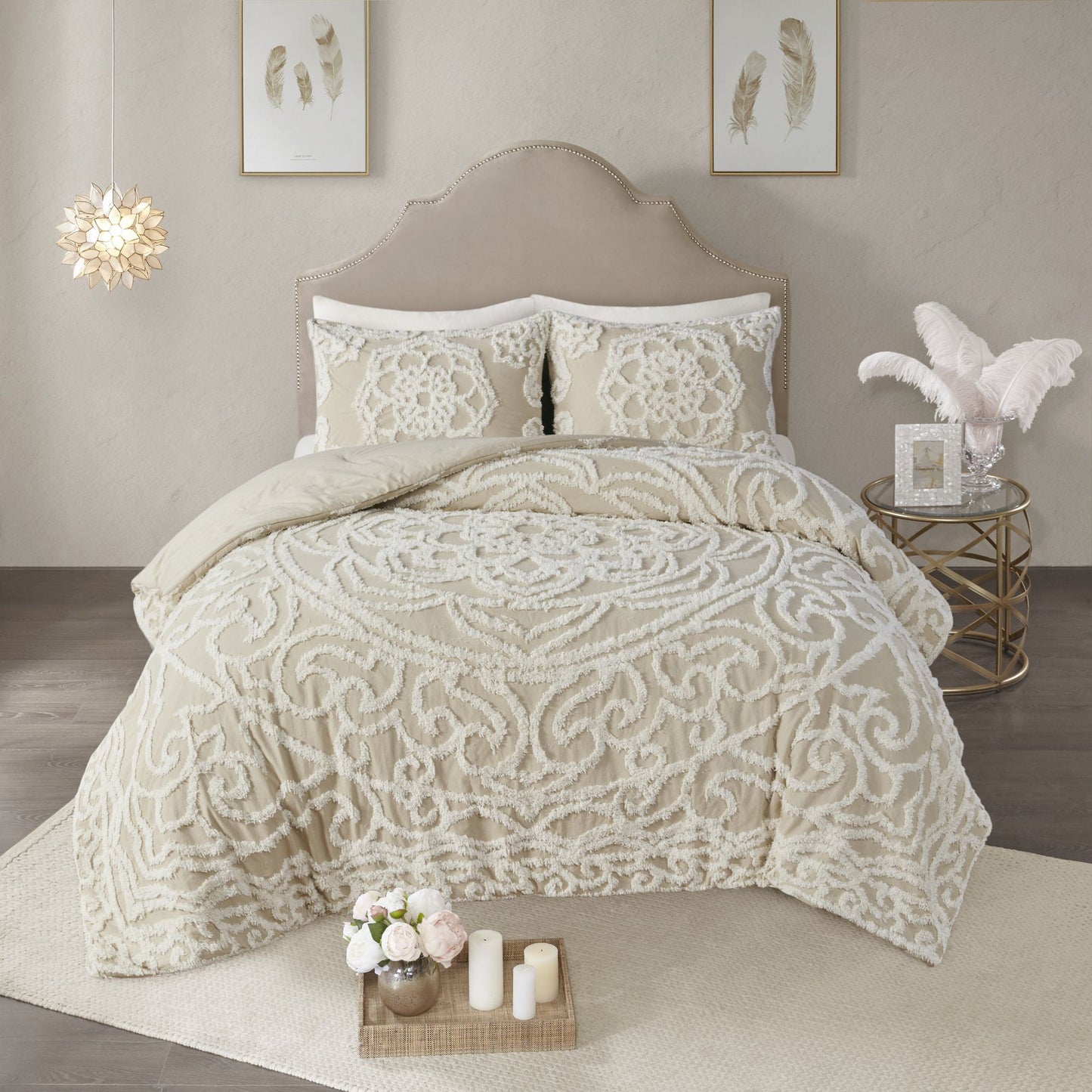 Luxurious Cream Tufted Cotton Chenille Medallion Comforter Set