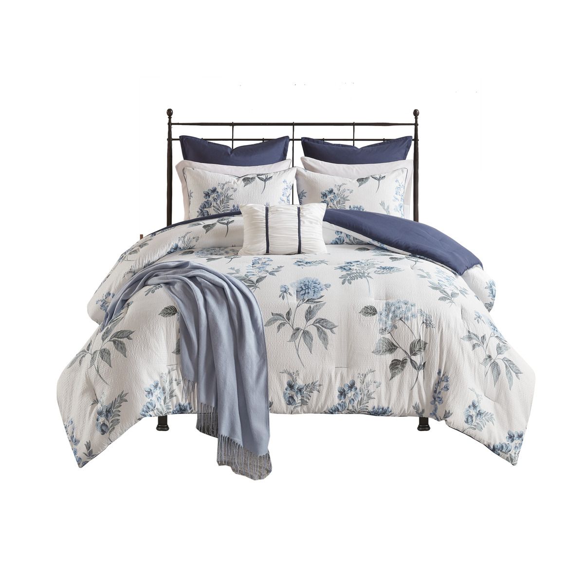 Gorgeous Floral on Cream – 7-Piece Printed Seersucker Comforter/Duvet Set with Throw Blanket