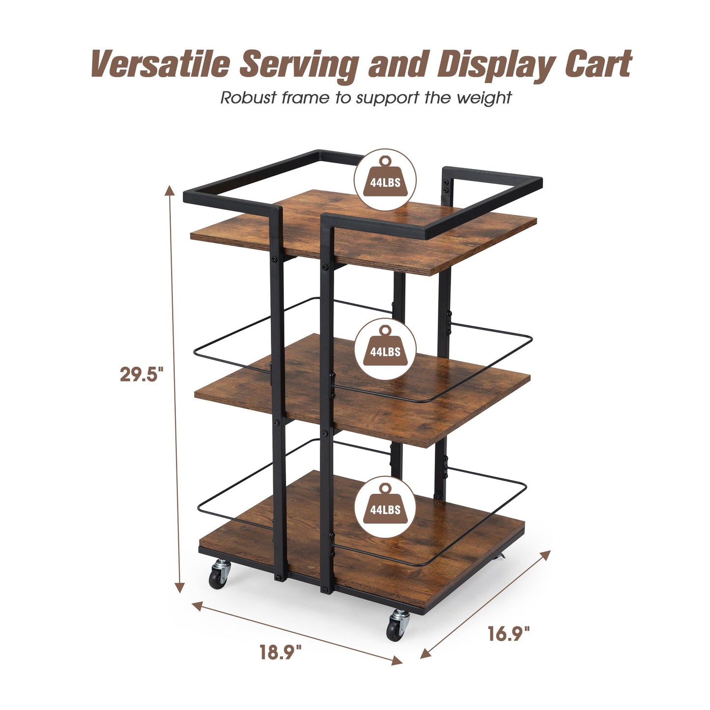 Multi-Tier Salon Cart with Universal Wheels & Iron Rail – Polished Wood Look Side Table and Storage Cart for Bedroom, Bathroom, or Salon