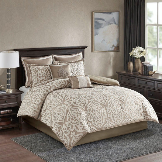 Luxurious Gold and Cream 8-Piece Jacquard Comforter/Duvet Set – Timeless Elegance