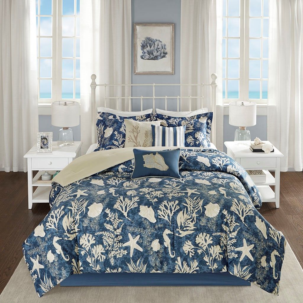 Elegant and Luxurious Blue Underwater Floral and Sea Stars - 7 Piece Cotton Sateen Comforter Set