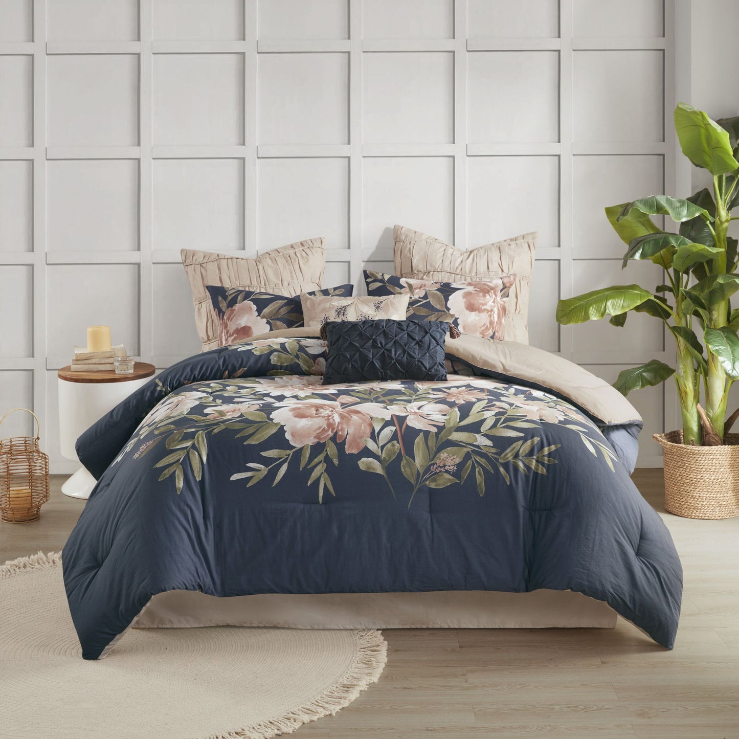 Rich Bold Blue and Floral Duvet with Beige Accents - 8 Piece Cotton Comforter Set