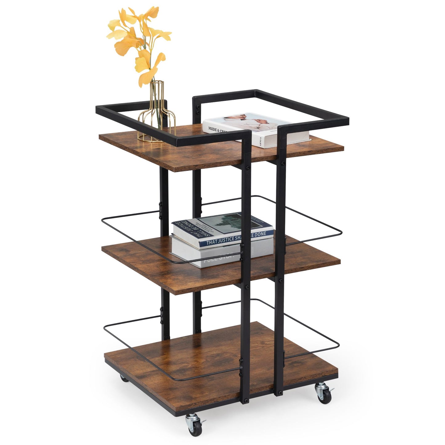 Multi-Tier Salon Cart with Universal Wheels & Iron Rail – Polished Wood Look Side Table and Storage Cart for Bedroom, Bathroom, or Salon