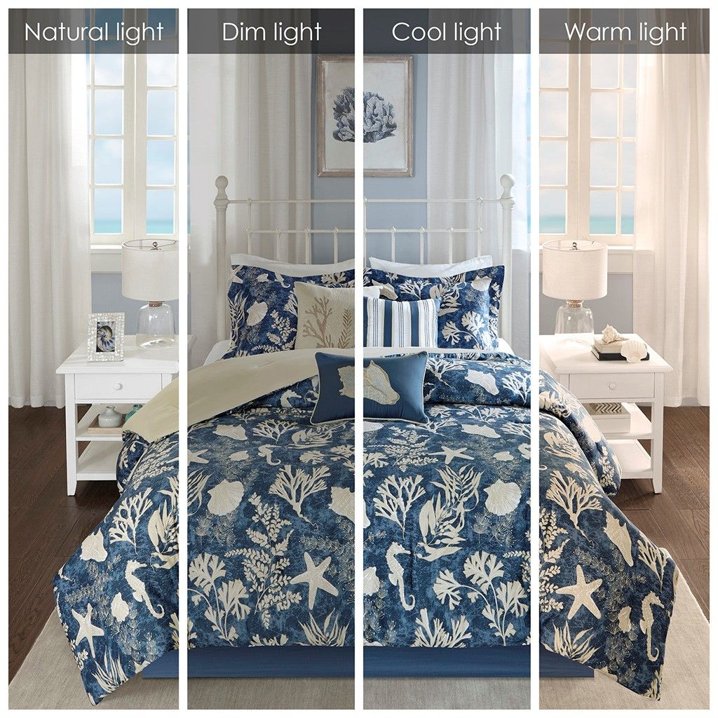 Elegant and Luxurious Blue Underwater Floral and Sea Stars - 7 Piece Cotton Sateen Comforter Set