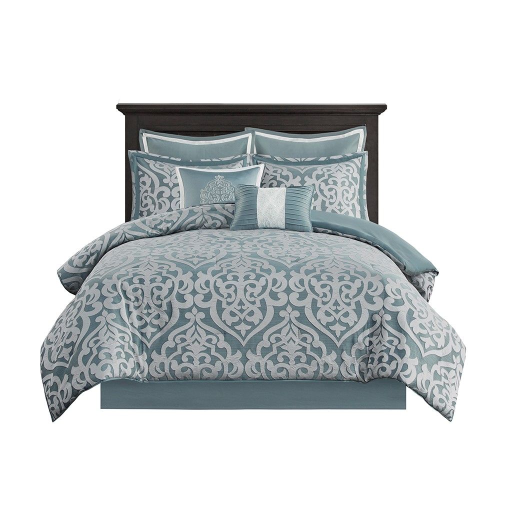 Unique Sea Green 8-Piece Jacquard Comforter Set – Elegant Executive Pattern for a Luxurious Bedroom