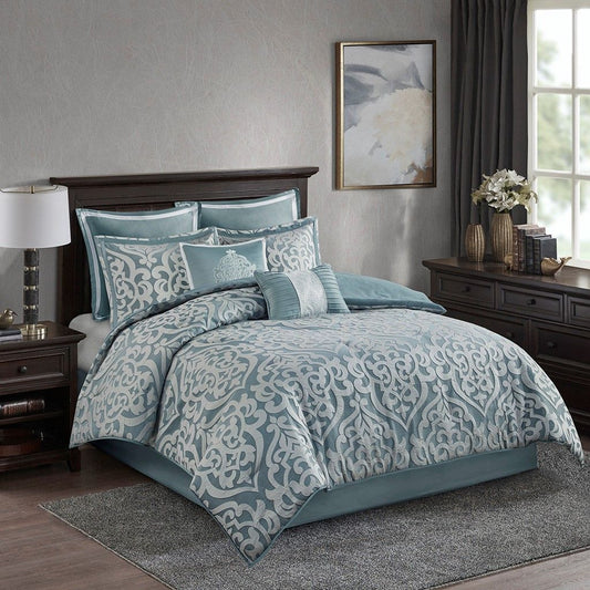 Unique Sea Green 8-Piece Jacquard Comforter Set – Elegant Executive Pattern for a Luxurious Bedroom