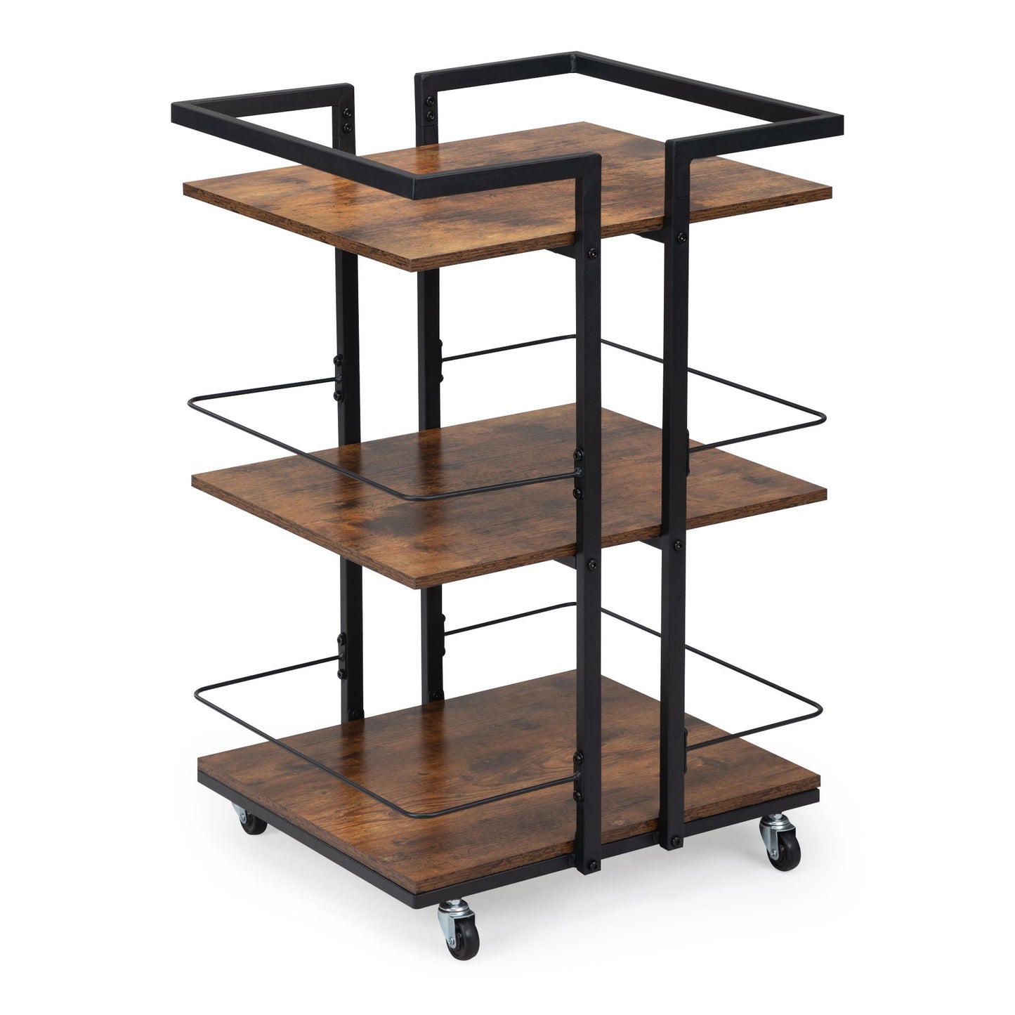 Multi-Tier Salon Cart with Universal Wheels & Iron Rail – Polished Wood Look Side Table and Storage Cart for Bedroom, Bathroom, or Salon