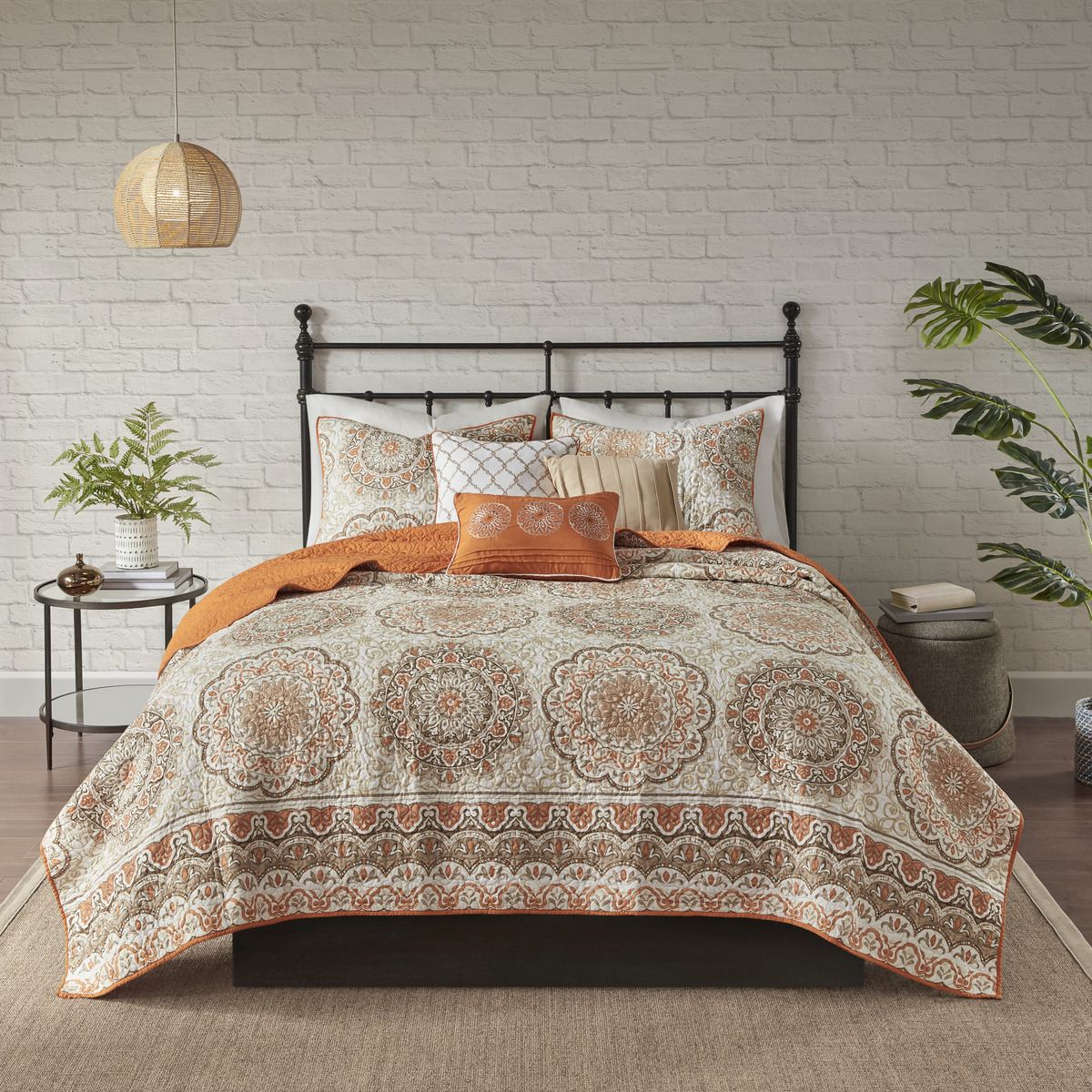 Moroccan Vibe, Cream, Browns, Orange and Gold Accents , 6-Piece Reversible Quilt Set with Throw Pillows -  Full/Queen Size