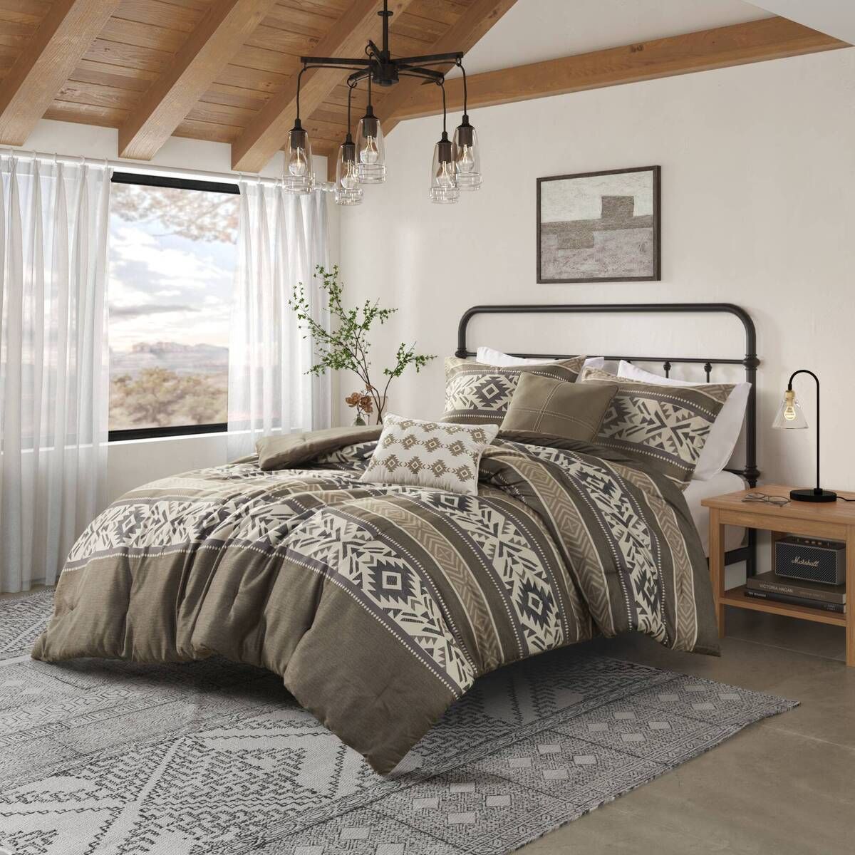 Ethnic-Inspired 5-Piece Stripe Herringbone Comforter Set with Throw Pillows – Natures Colours on Patterns Evoking Faraway Places