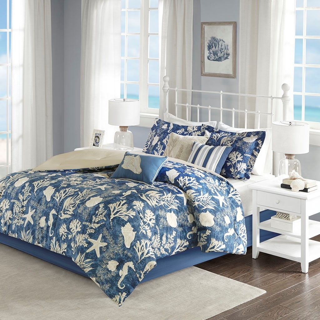 Elegant and Luxurious Blue Underwater Floral and Sea Stars - 7 Piece Cotton Sateen Comforter Set