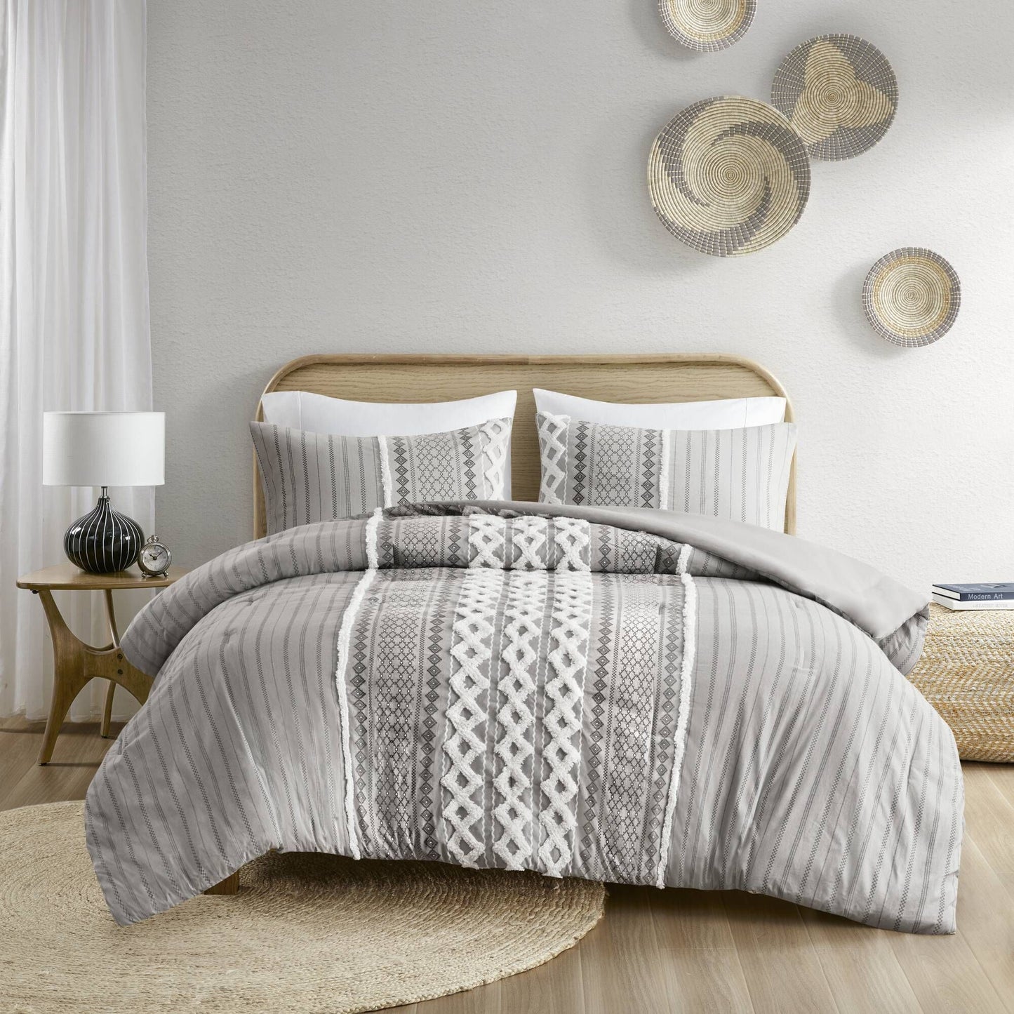 Elegant Light Grey Cotton Printed Comforter Duvet Set with Chenille Accents