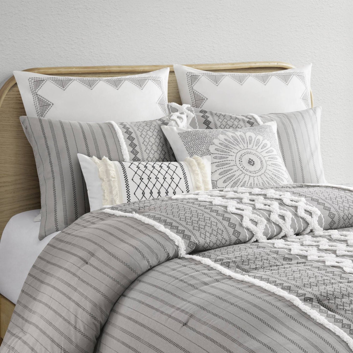 Elegant Light Grey Cotton Printed Comforter Duvet Set with Chenille Accents