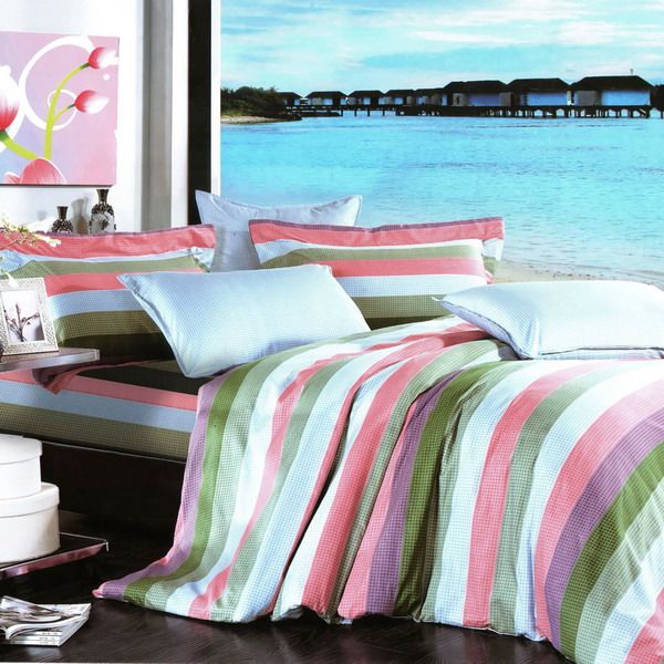 Dusky Pinks and Greens - Blancho Bedding Shoreline Striped Duvet Set – 100% Cotton 4PC Comforter Cover Combo (Full Size)