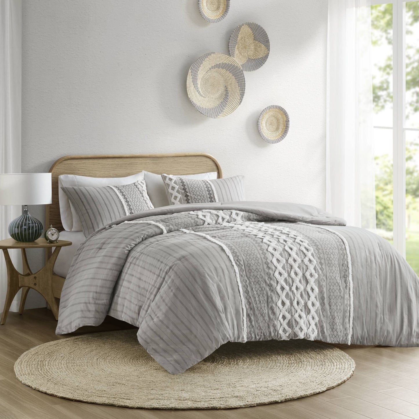 Elegant Light Grey Cotton Printed Comforter Duvet Set with Chenille Accents