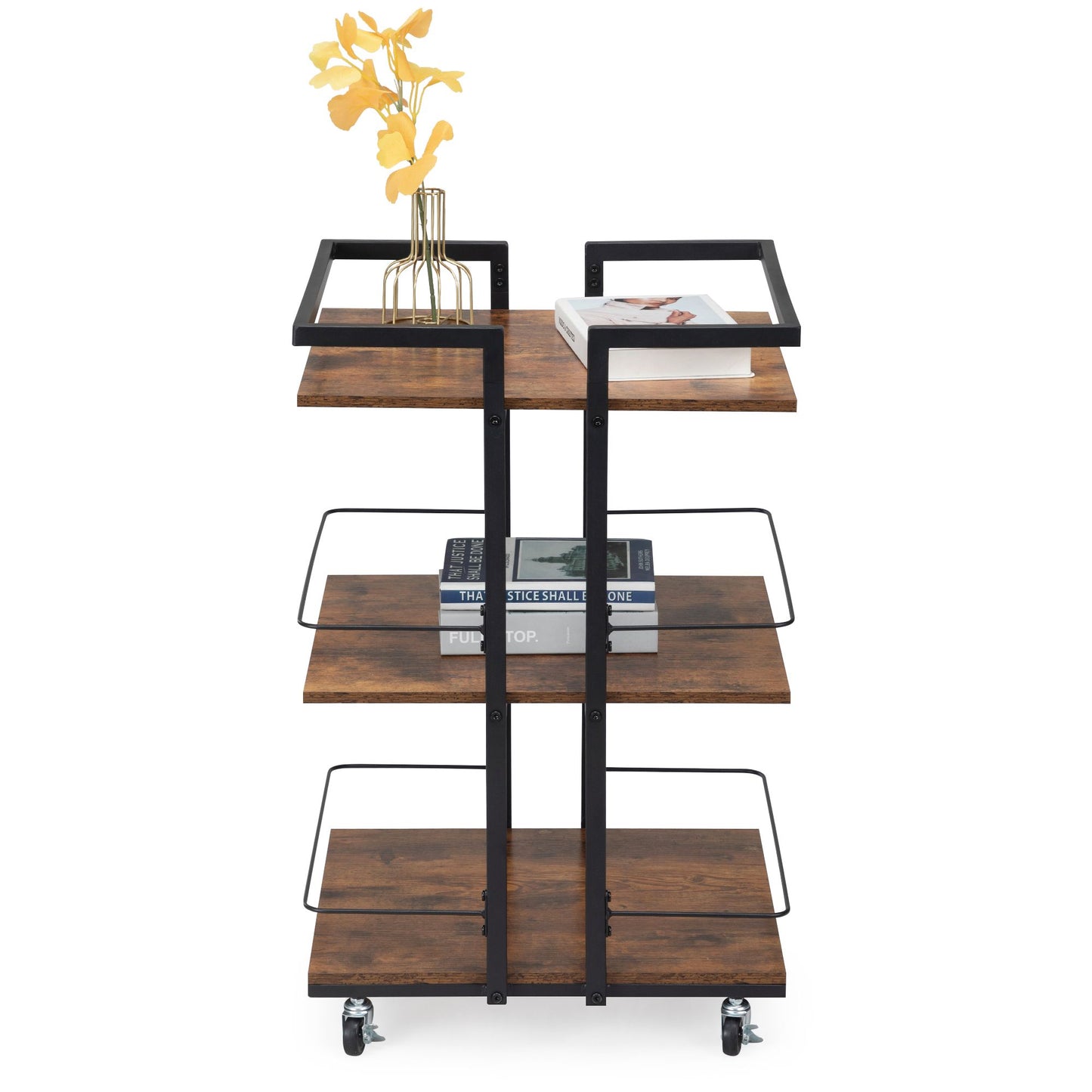 Multi-Tier Salon Cart with Universal Wheels & Iron Rail – Polished Wood Look Side Table and Storage Cart for Bedroom, Bathroom, or Salon