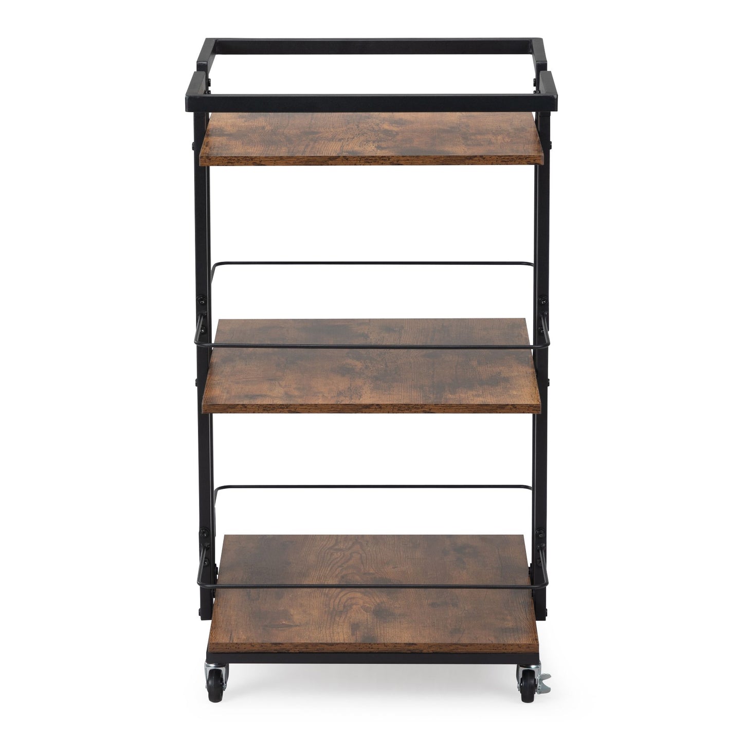 Multi-Tier Salon Cart with Universal Wheels & Iron Rail – Polished Wood Look Side Table and Storage Cart for Bedroom, Bathroom, or Salon