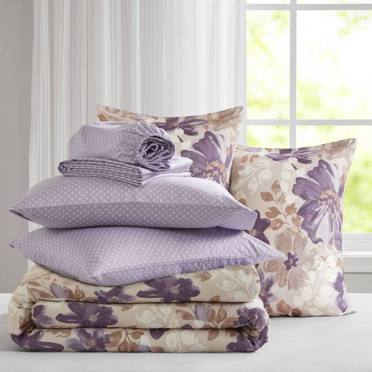 Nature-Inspired Floral Comforter Set with Bed Sheets – Beiges, Purples, and Brown Design