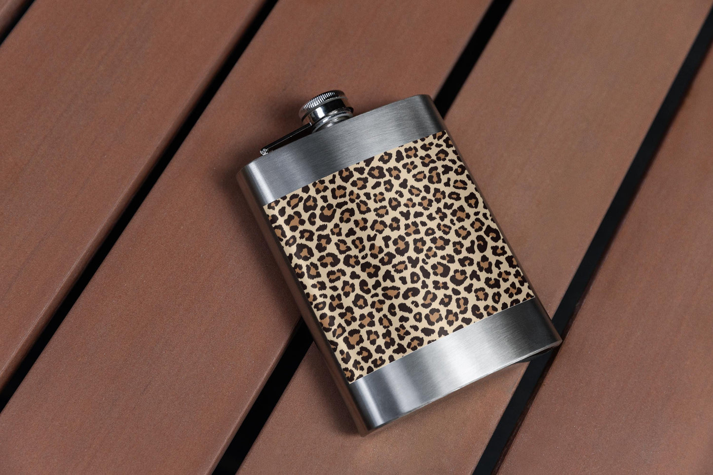 Stainless Steel Leopard Print Hip Flask, ideal for camping and travelling, 6oz