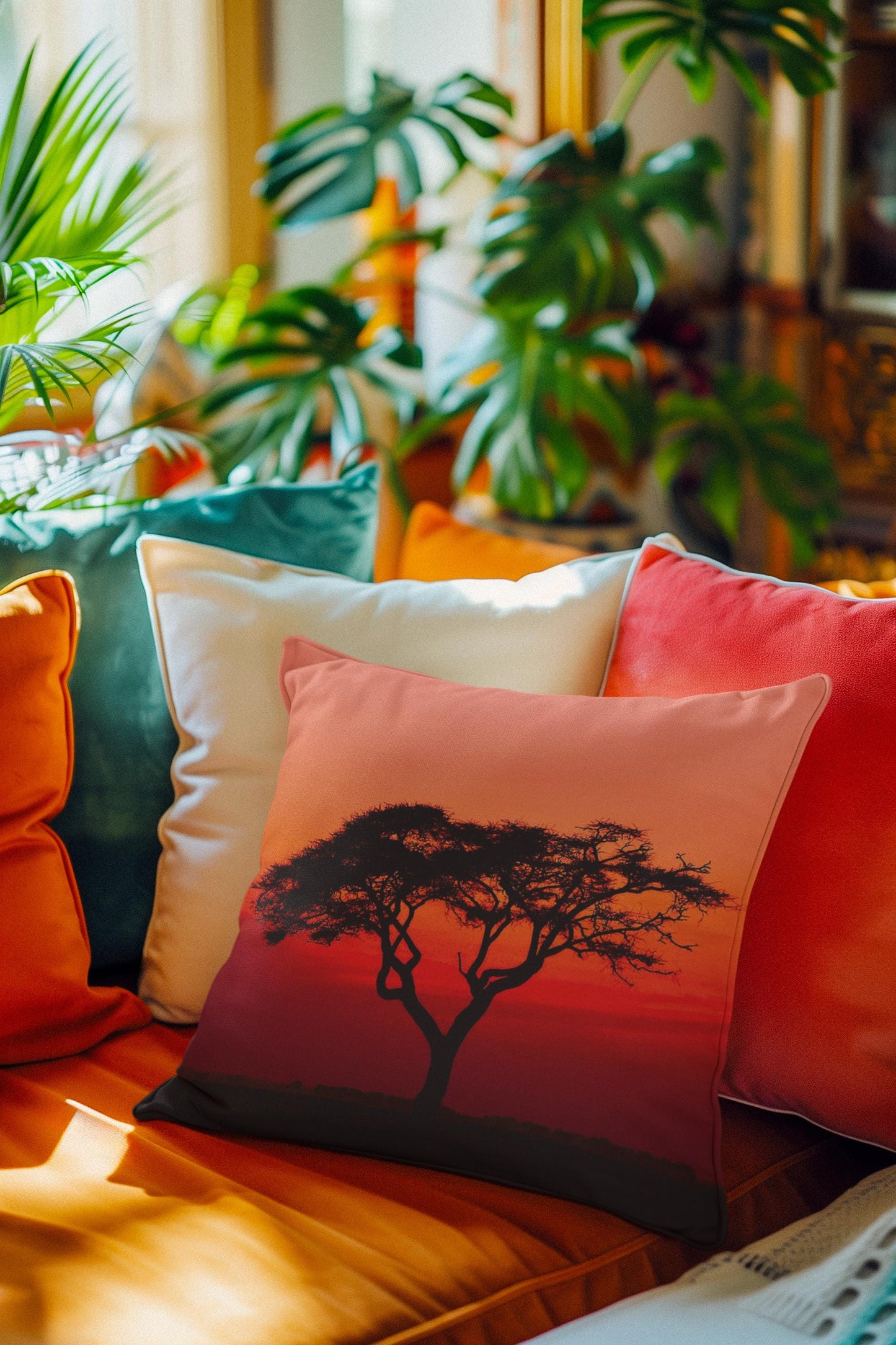 Square Pillow, Sunset In Africa Decorative Cushion, African Skyline Throw Pillow, Safari Theme Home Accent, Wildlife Lover Gift, Living Room