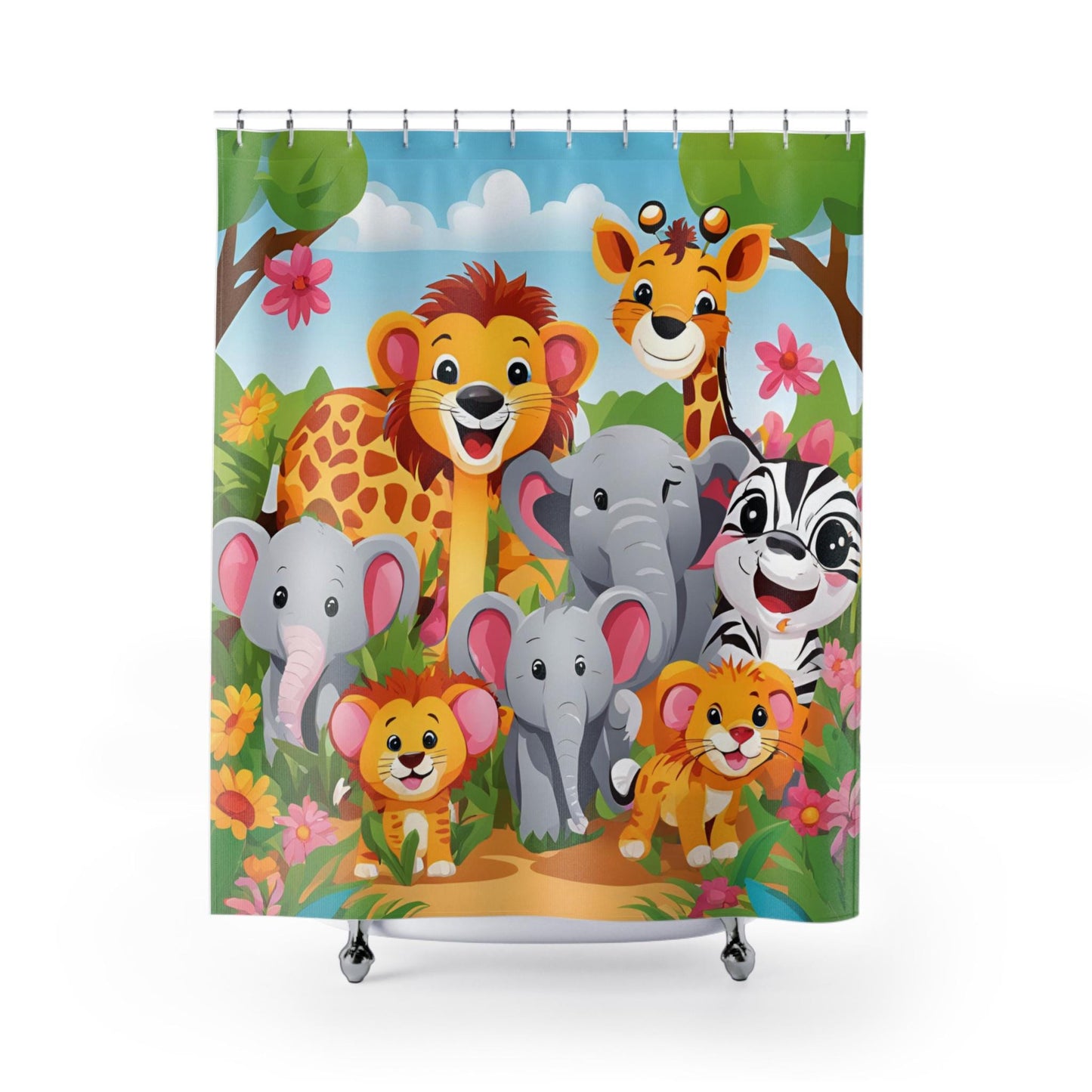 Safari Animals Shower Curtains - Baby Animals Bathroom Decor for Kids, Cute Jungle Animal Washroom Curtain with Happy Safari Creatures, Kids