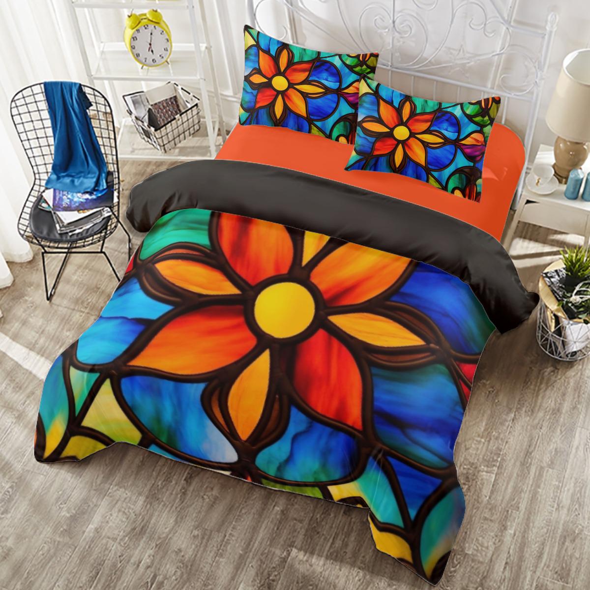 Eye-Catching Vivid Duvet with Stained Glass Effect in Orange, Blue, and Yellow - 4 Piece Bedding Set